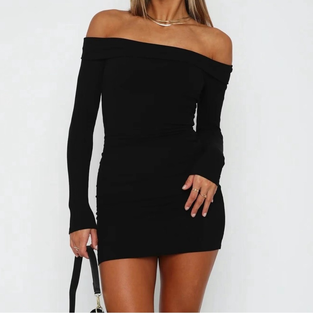 Black Ribbed Off the Shoulder Dress